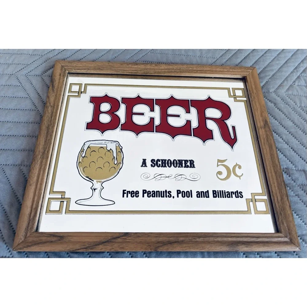Vintage Beer 5 Cent Schooner Framed Mirror Bar Pub Sign Man Cave Garage 13 X 11
